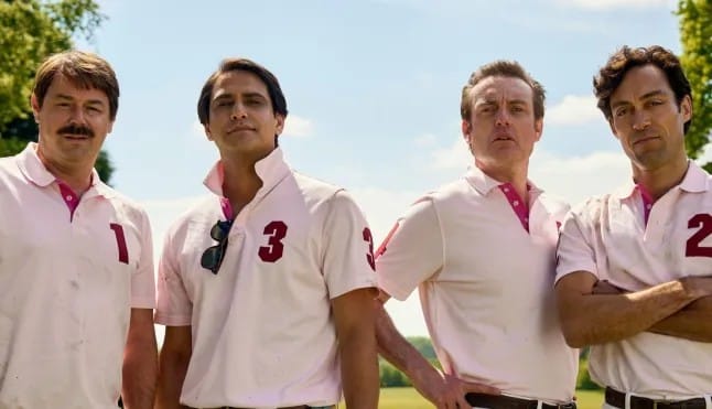Brendan Patricks with Danny Dyer, Luca Pasqualino and Alex Hassell filming Rivals in polo gear